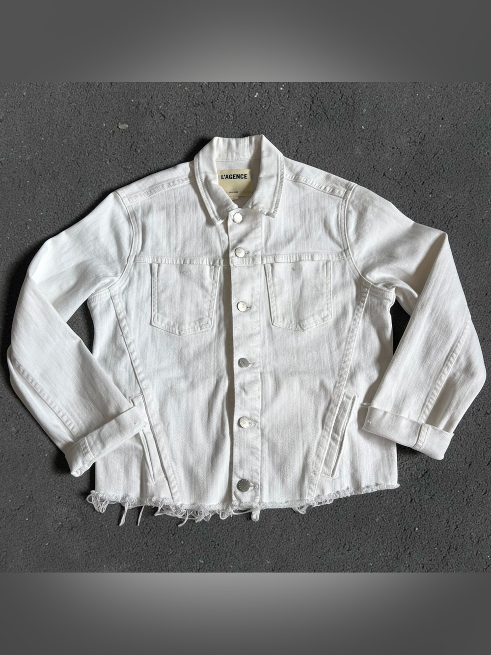 L'Agence Women’s Janelle Raw Hem Slim Jean Jacket White Denim Sz L $335 EUC